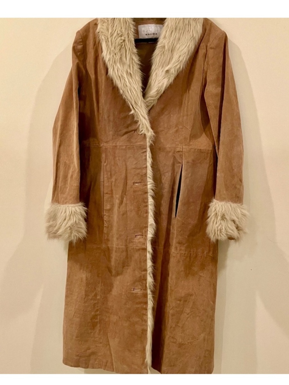 Wilson’s Leather Maxima Tan Suede Longline Coat with Faux Fur Collar - Picture 2 of 6